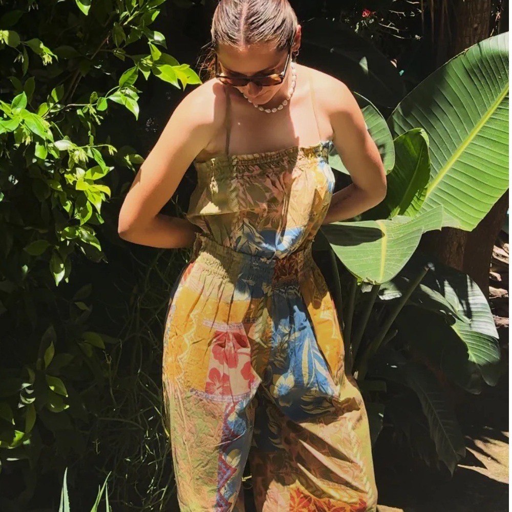 Free People Desert Heatwave Jumpsuit Hawaiian Tropical Print Open Tie Back NWT